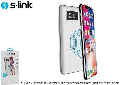 S-link IP-G10W 10000mAh LCD Göstergeli Kablosuz Powerbank Beyaz Taşına