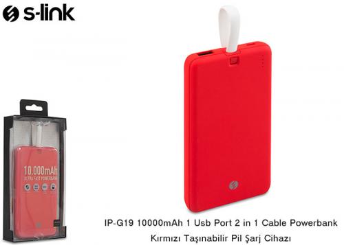 S-link IP-G19 10000mAh 1 Usb Port 2 in 1 Kablo Powerbank Kırmızı Taşın