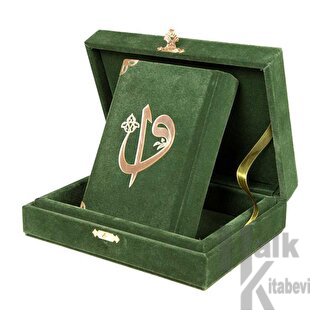 Kadife Kutulu Kur'an-ı Kerim (Büyük Cep Boy, Elif-Vavlı, Yeşil) (Ciltli)