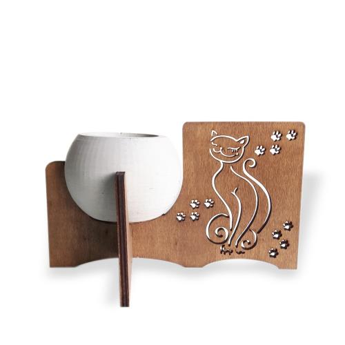Kedi Figürlü Beton Saksılı Ahşap Stand - Halkkitabevi