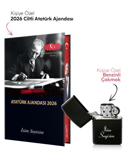 Kişiye Özel 2026 Atatürk Ciltli Ajanda ve Benzinli Çakmak