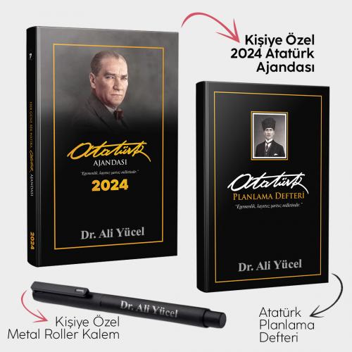 Kişiye Özel - Ankara 2024 Atatürk Ajandası - Kalpaklı Siyah Planlama Defteri ve Metal Roller Kalem