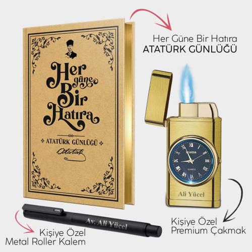 Kişiye Özel - Brushed Gold Saatli Çakmak - Metal Roller Kalem ve Atatürk Günlüğü