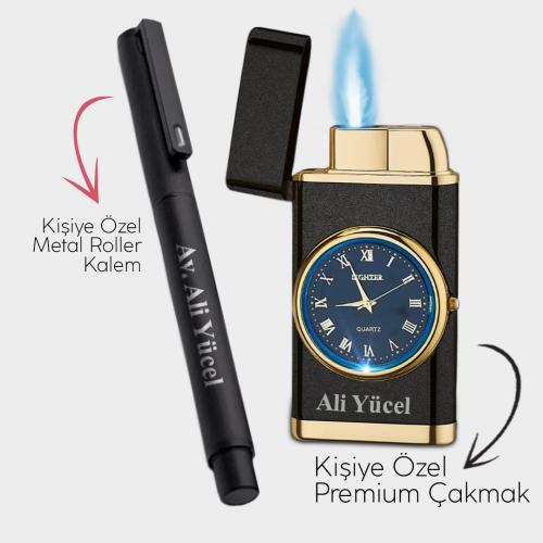 Kişiye Özel - Mat Siyah Saatli Çakmak - Metal Roller Kalem - Halkki