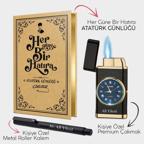 Kişiye Özel - Mat Siyah Saatli Çakmak - Metal Roller Kalem ve Atatürk 