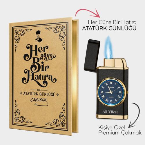 Kişiye Özel - Mat Siyah Saatli Çakmak ve Atatürk Günlüğü