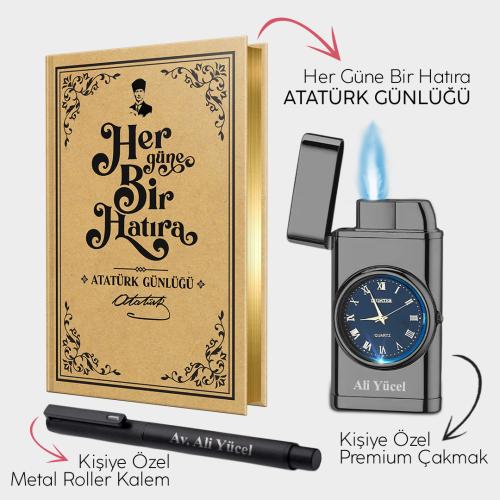 Kişiye Özel - Piano Black Saatli Çakmak - Metal Roller Kalem ve Atatürk Günlüğü