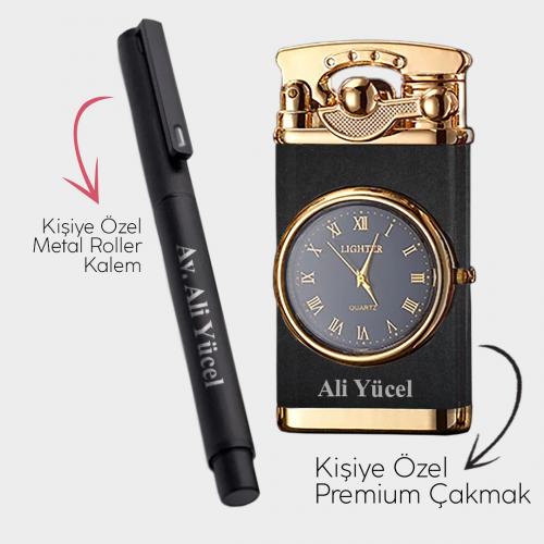 Kişiye Özel - Retro Mat Siyah Saatli Çakmak - Metal Roller Kalem