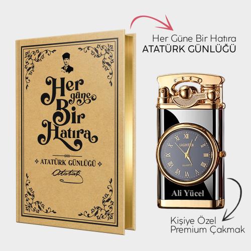 Kişiye Özel - Retro Piano Black Saatli Çakmak ve Atatürk Günlüğü