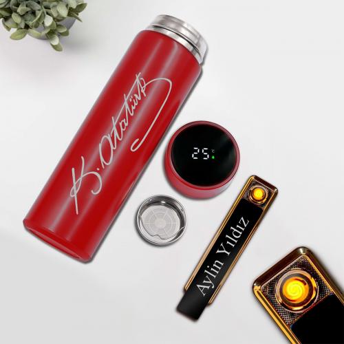 Kişiye Özel Şarjlı Sürgülü Çakmak Kırmızı Atatürk İmzalı Dereceli Termos