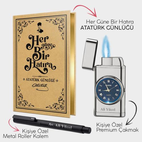 Kişiye Özel - Silver Saatli Çakmak - Metal Roller Kalem ve Atatürk Günlüğü