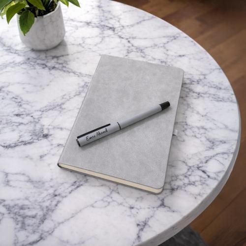 Kişiye Özel Soft Deri Defter ve Roller Rubber Kalem - Gri  - Halkkitab