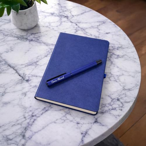 Kişiye Özel Soft Deri Defter ve Roller Rubber Kalem - Lacivert  - Halk