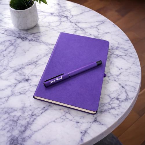 Kişiye Özel Soft Deri Defter ve Roller Rubber Kalem - Mor  - Halkkitab