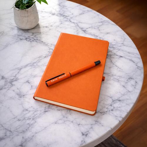 Kişiye Özel Soft Deri Defter ve Roller Rubber Kalem - Turuncu  - Halkk