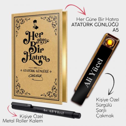 Kişiye Özel - Sürgülü Şarjlı Çakmak - Metal Roller Kalem ve Atatürk Günlüğü A5