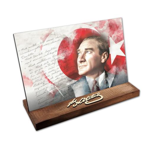 Masaüstü Ahşap Tablo - Atatürk İmzalı ve Resimli Model 1