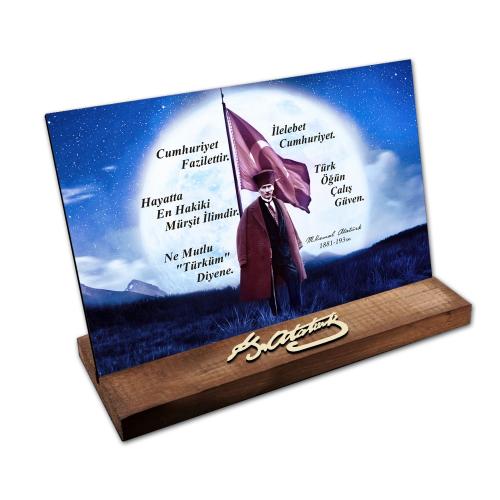 Masaüstü Ahşap Tablo - Atatürk İmzalı ve Resimli Model 3