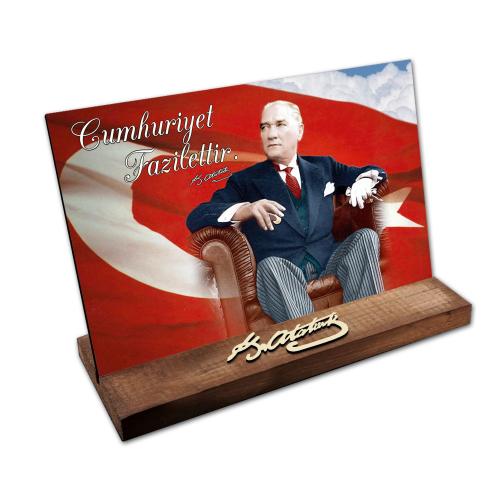 Masaüstü Ahşap Tablo - Atatürk İmzalı ve Resimli Model 6