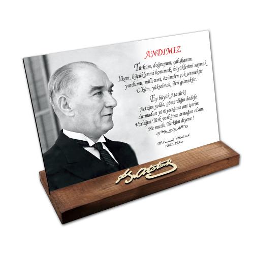 Masaüstü Ahşap Tablo - Atatürk İmzalı ve Resimli Model 8