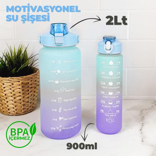 Motivasyonel 2 Litre Su Matarası (Yavrulu) - BPA Free - 2000ml + 900ml Mavi - Mor
