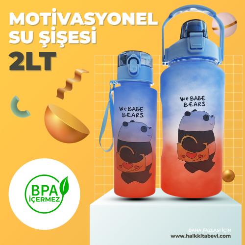 Baskılı 2 Litre Su Matarası (Yavrulu) - BPA Free - 2000ml + 900ml Mavi-Turuncu
