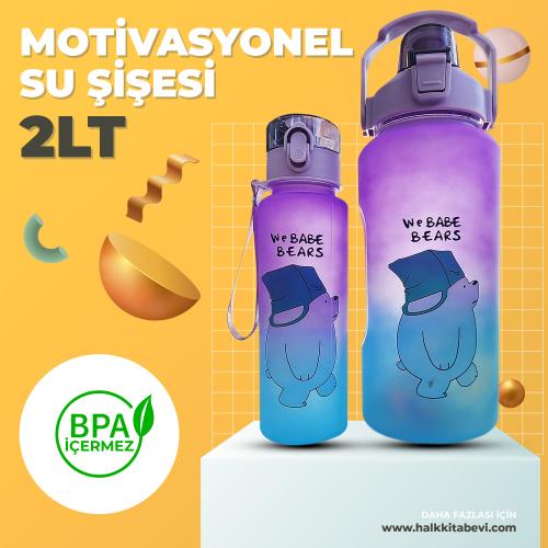 Baskılı 2 Litre Su Matarası (Yavrulu) - BPA Free - 2000ml + 900ml Mor-
