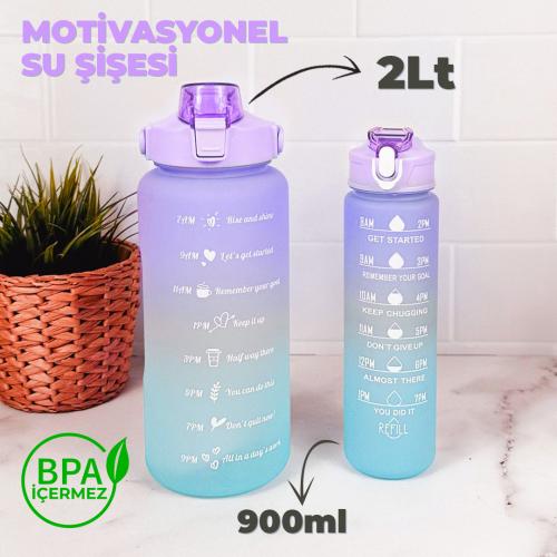 Motivasyonel 2 Litre Su Matarası (Yavrulu) - BPA Free - 2000ml + 900ml Mor - Mavi