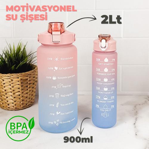 Motivasyonel 2 Litre Su Matarası (Yavrulu) - BPA Free - 2000ml + 900ml Pembe - Mavi