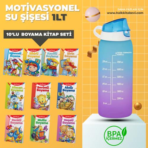 Motivasyonel Su Matarası ve 10 Boyama Kitabı - BPA Free - 1000ml - Hal