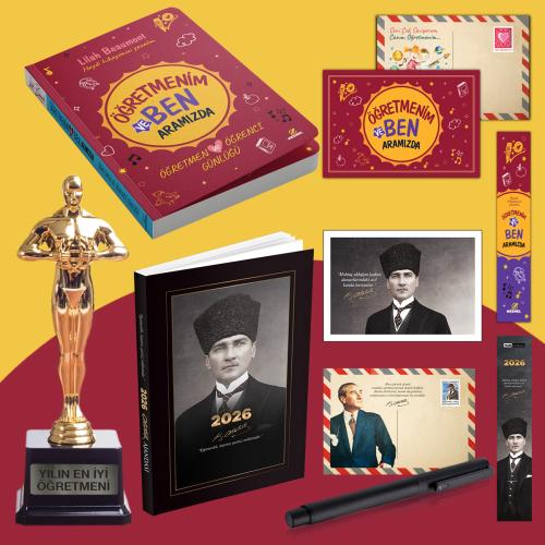 Öğretmenim ve Ben Aramızda - Oscar Heykeli - Kalpaklı 2026 Atatürk Ajandası ve Roller Kalem