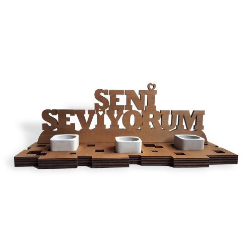 Seni Seviyorum Ahşap Stand, 3'lü Beton T-Light'lı