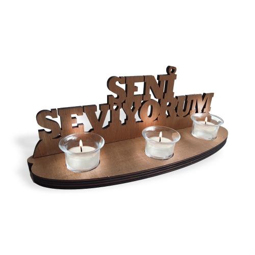 Seni Seviyorum Ahşap Stand, Oval Ayaklı 3'lü Cam T-Light'lı - Halkkita