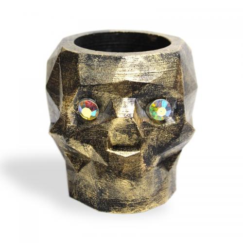 Siyah Üstü Altın Varak Kurukafa Beton Saksı, Kristal Gözlü